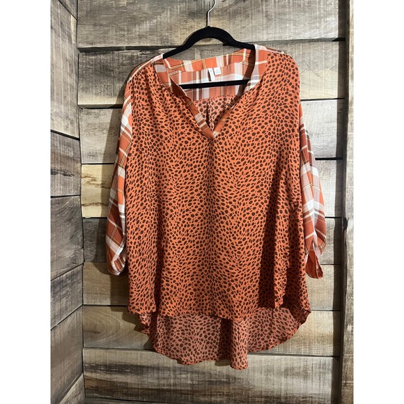 Cato Tops - Cato Womens XL Leopard Plaid Mixed Media Tunic Top‎ Orange Brown Roll Tab V-Neck
